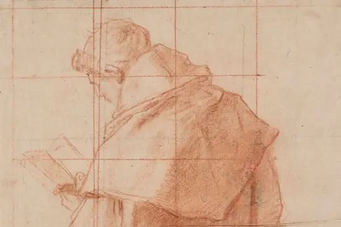 Die Skizze eines Mannes mit Kutte, der ein Buch liest.