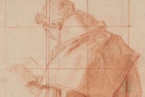 Die Skizze eines Mannes mit Kutte, der ein Buch liest.