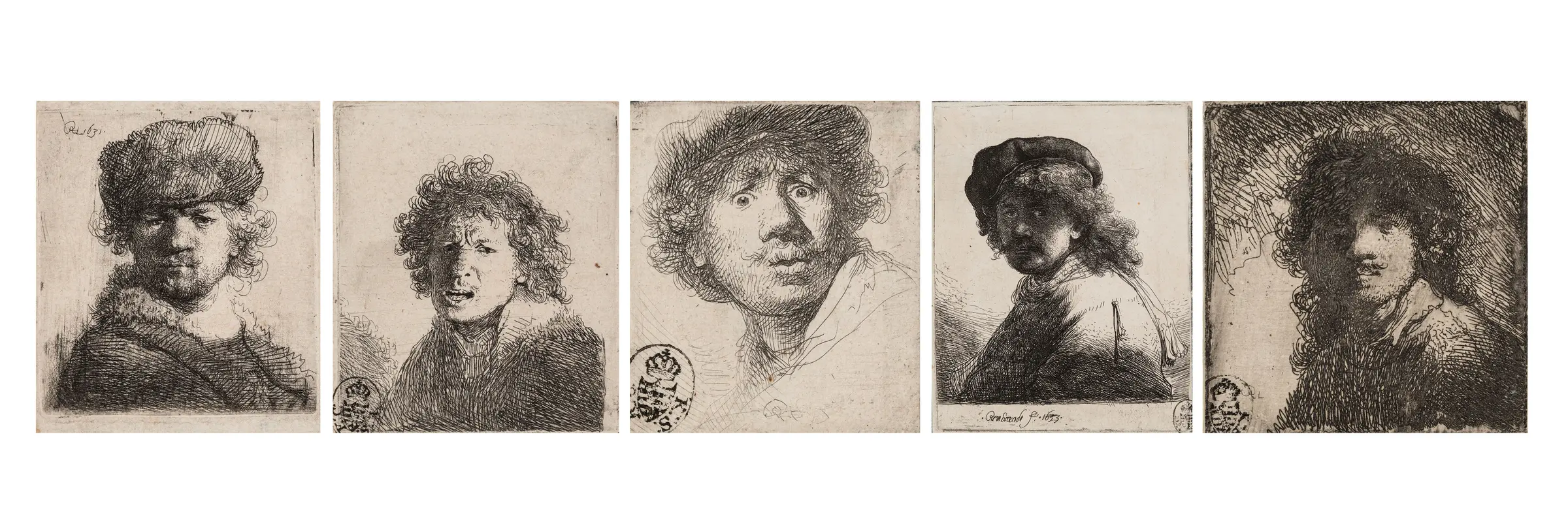 Eine Zusammenstellung von sechs grafischen Porträts von Rembrandt
