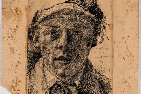 Die Zeichnung zeigt Künstler Georg Öhme im Porträt mit Hut.