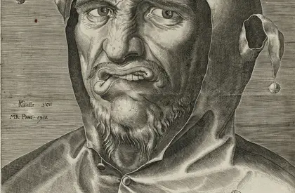 Kupferstich des Gesichts eines Narrens