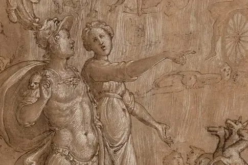 Die Zeichnung eines Kriegers und einer Frau aus der Antike.