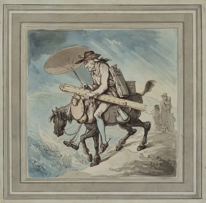 Künstler reitet mit Staffelei und anderem Zubehör auf kleinen Pferd