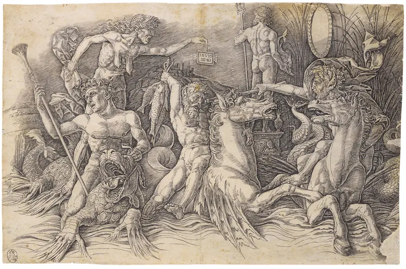 Männer sitzen auf Ungeheuern, diese halb Pferd halb Fisch, und bekämpfen sich