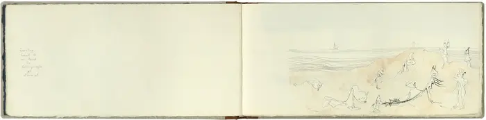 Eine Doppelseite eines Albums, die eine Strandlandschaft mit abstrakten Menschenfiguren darstellt. 