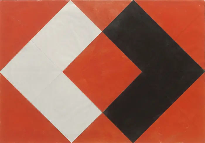 Ein weißes und ein schwarzes Quadrat auf rotem Untergrund.