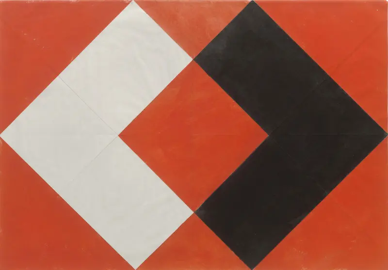 Ein weißes und ein schwarzes Quadrat auf rotem Untergrund.