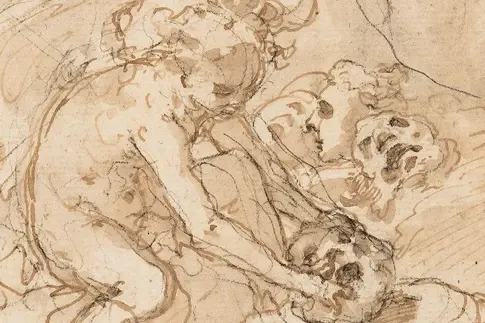 Die Skizze eines Engels, der nach einem Totenschädel greift.