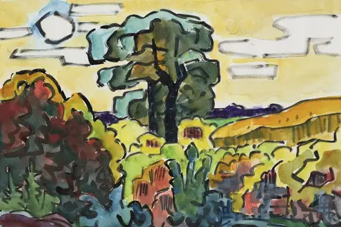 sonnige Landschaft mit Bäumen, Büschen und einem Getreidefeld