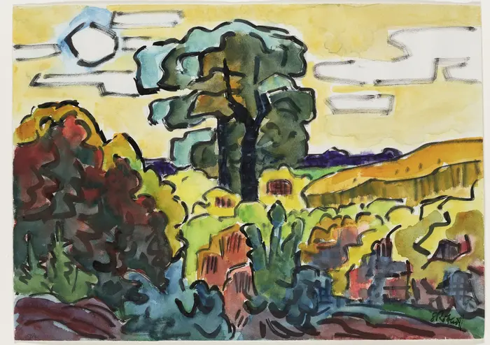 sonnige Landschaft mit Bäumen, Büschen und einem Getreidefeld